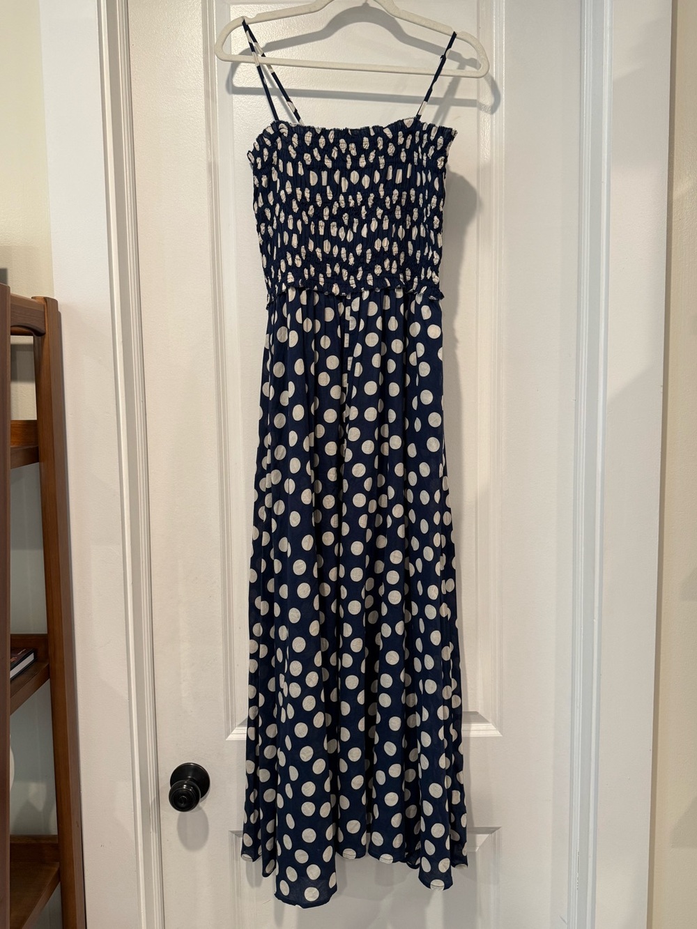 J. Crew Navy and White Polka Dot Smocked Maxi Dress